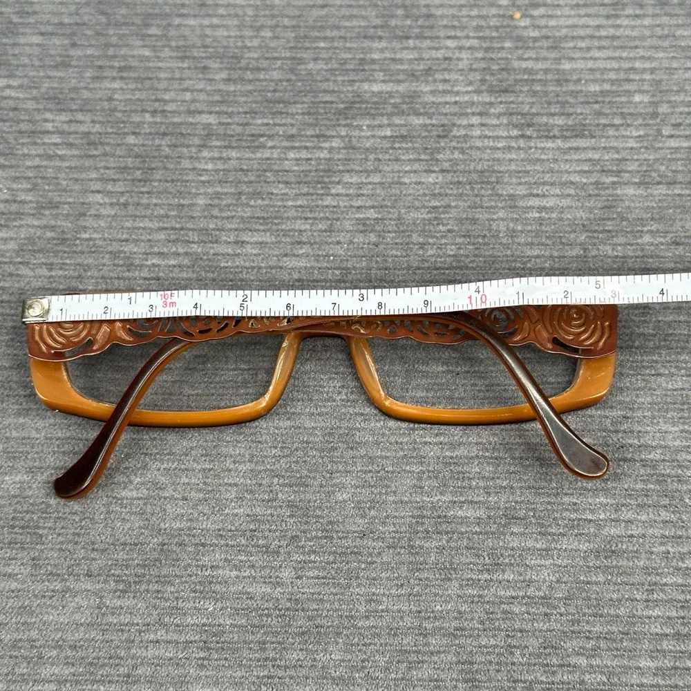 Lipstick Brown Rectangular y2k Eyeglass Frames Filigree Temples Floral Design
